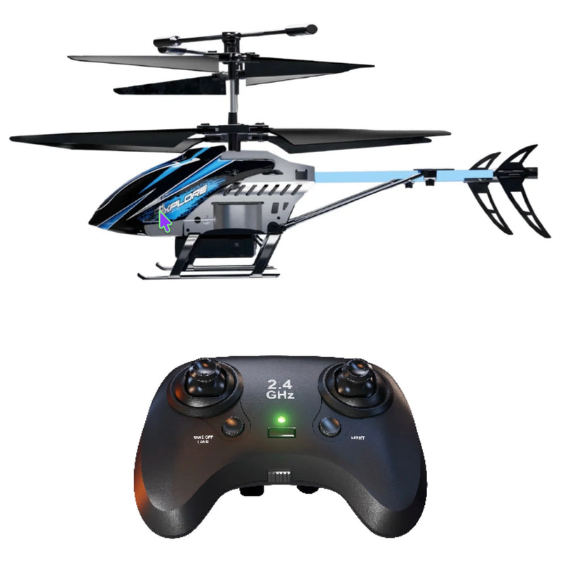 A remote control toy helicopter with a black, gray, and blue body, shown above its matching black wireless remote control on a plain white background.