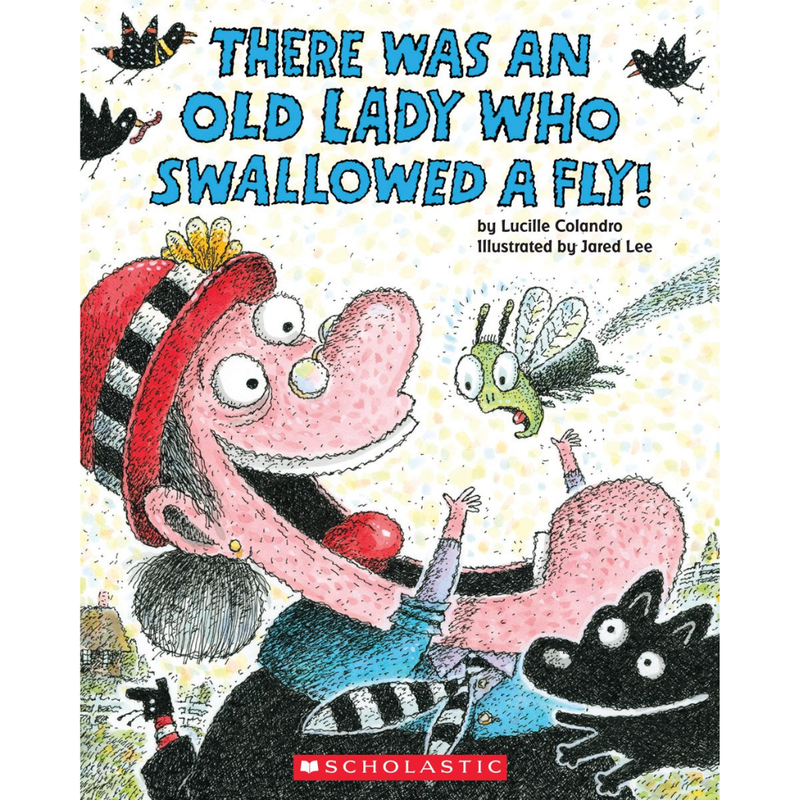 Book cover of 'There Was an Old Lady Who Swallowed a Fly' with colorful illustration of an old lady and fly.