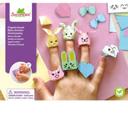 Colorful origami animal finger puppets on a child's fingers with Sycomore branding.