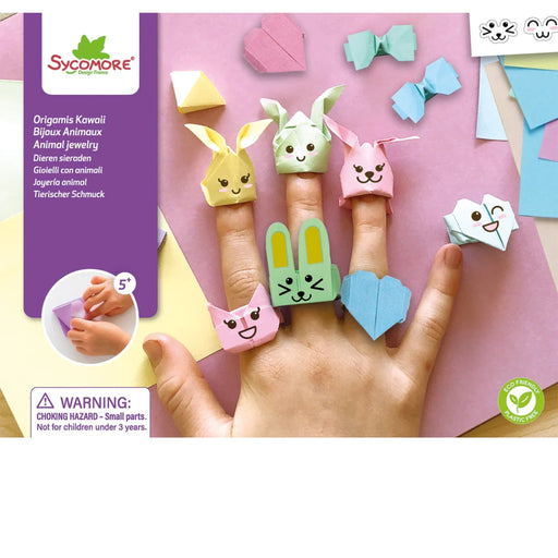 Colorful origami animal finger puppets on a child's fingers with Sycomore branding.