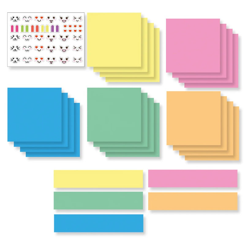 Set of colorful sticky notes and labels on a white background