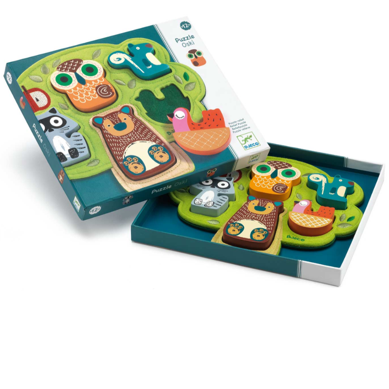 DJECO wooden puzzle with forest animal designs in an open box on a white background.