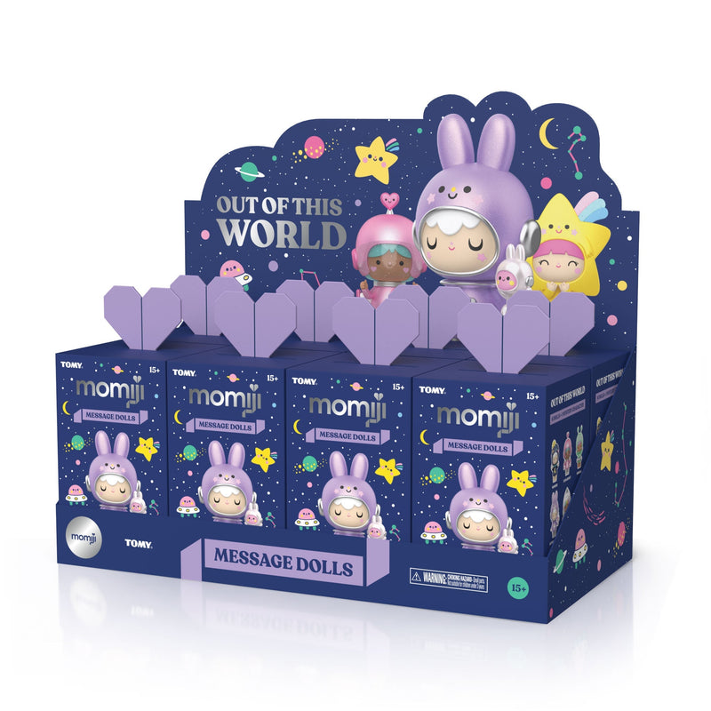 Momiji Out of this World blind box display with space-themed message dolls
