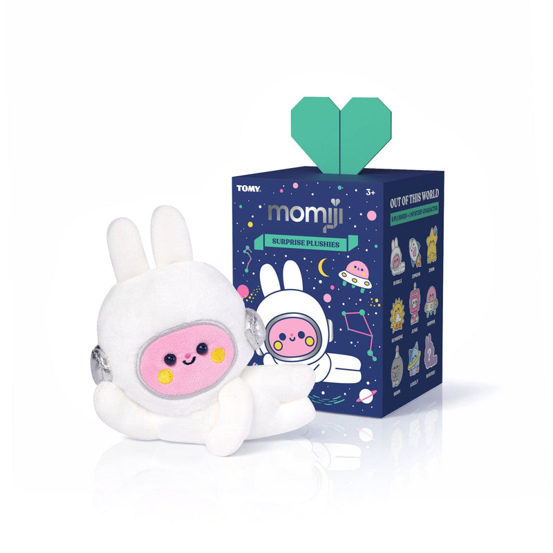 White bunny plush toy in astronaut costume with Momiji blind box packaging