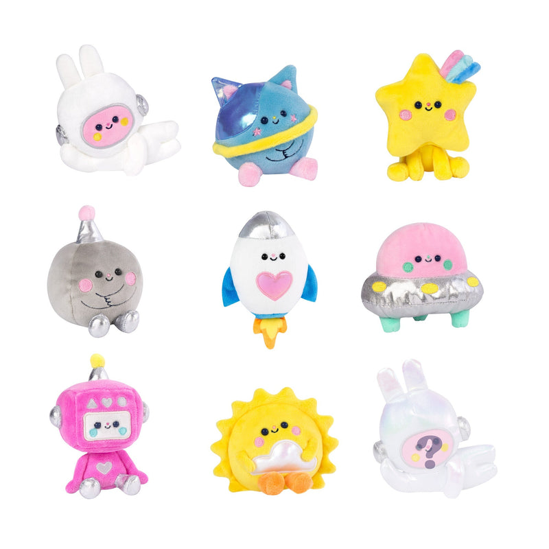 Nine cute kawaii space-themed plush toys including astronaut, rocket, star, UFO and robot characters