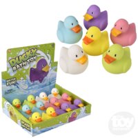 Colorful 2-inch rubber ducky assortment showing individual ducks and retail display box