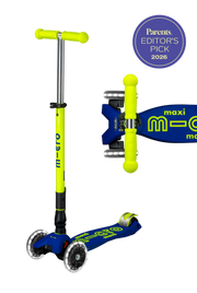 Micro Kickboard Maxi Deluxe Foldable Neon LED scooter in canary yellow and navy blue