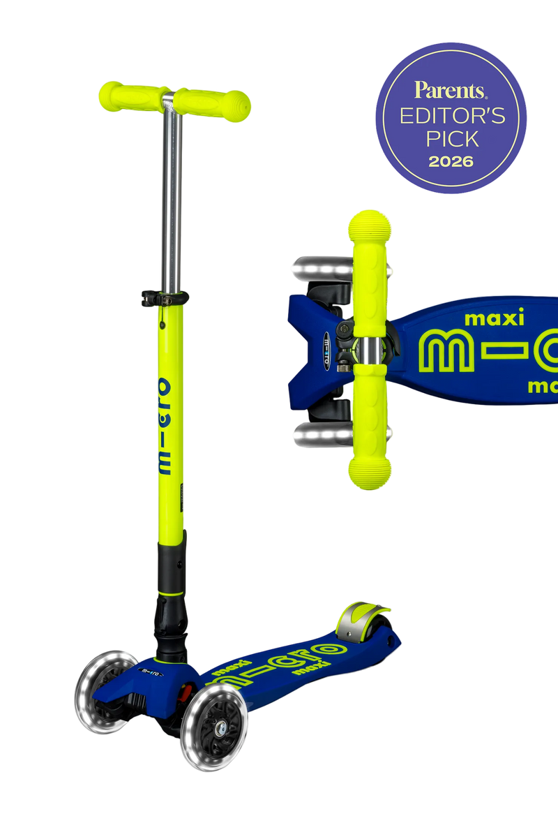 Micro Kickboard Maxi Deluxe Foldable Neon LED scooter in canary yellow and navy blue