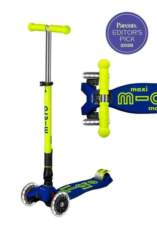 Micro Kickboard Maxi Deluxe Foldable Neon LED scooter in canary yellow and navy blue