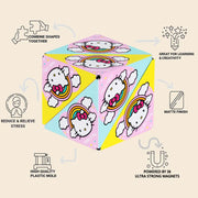 Shashibo Hello Kitty magnetic transforming cube with product features and benefits infographic
