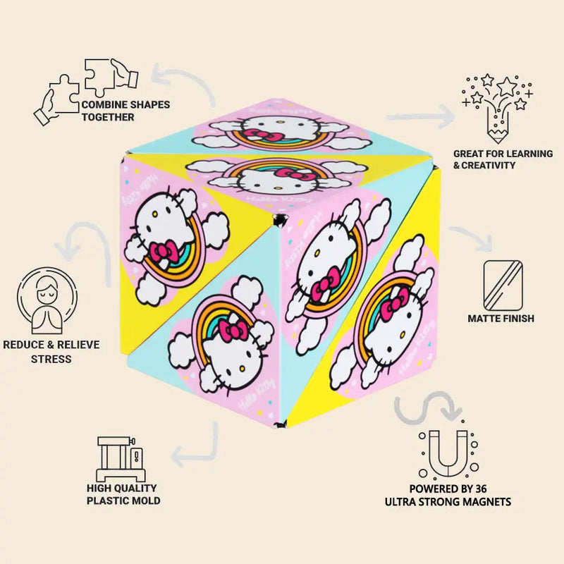 Shashibo Hello Kitty magnetic transforming cube with product features and benefits infographic