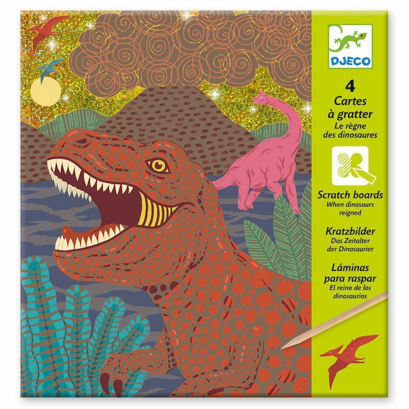 DJECO dinosaur scratch cards art kit with colorful T-Rex design and packaging