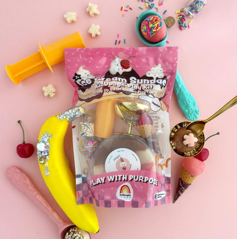 EarthGrown KidDoughs Ice Cream Sundae sensory play kit with dough and dessert-themed accessories