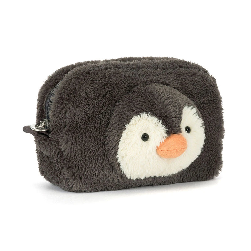 Grey plush penguin-shaped pouch with orange beak and white face detail