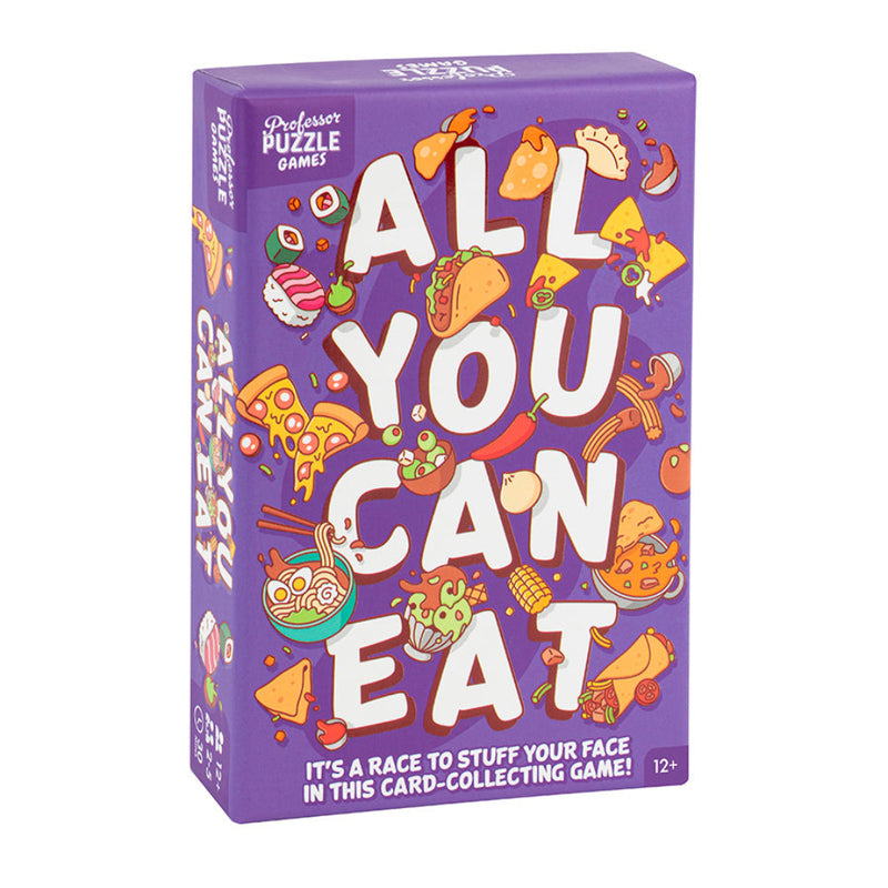 All You Can Eat card game box by Professor Puzzle with purple background and food illustrations.