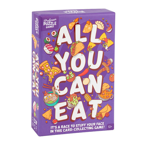All You Can Eat card game box by Professor Puzzle with purple background and food illustrations.