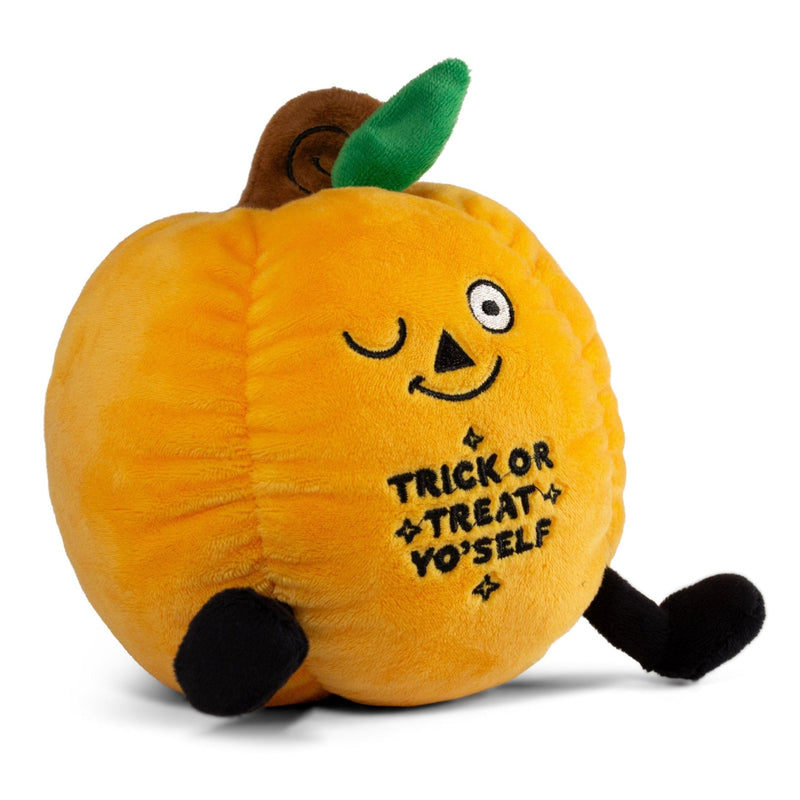 Orange pumpkin plushie with winking face and 'Trick or Treat Yo'self' text