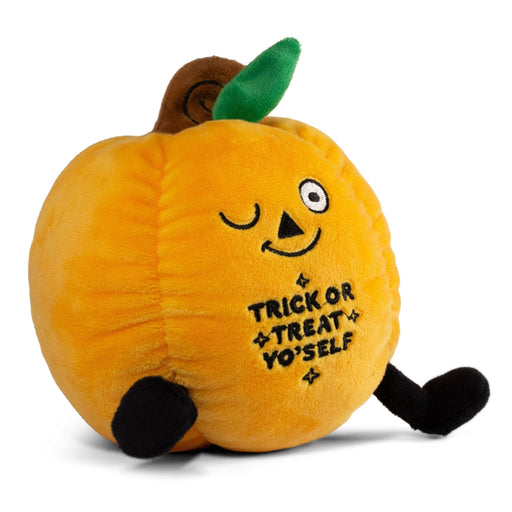 Orange pumpkin plushie with winking face and 'Trick or Treat Yo'self' text