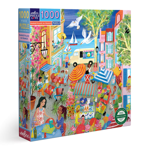 eeBoo 1000 piece jigsaw puzzle box showing colorful French marketplace scene