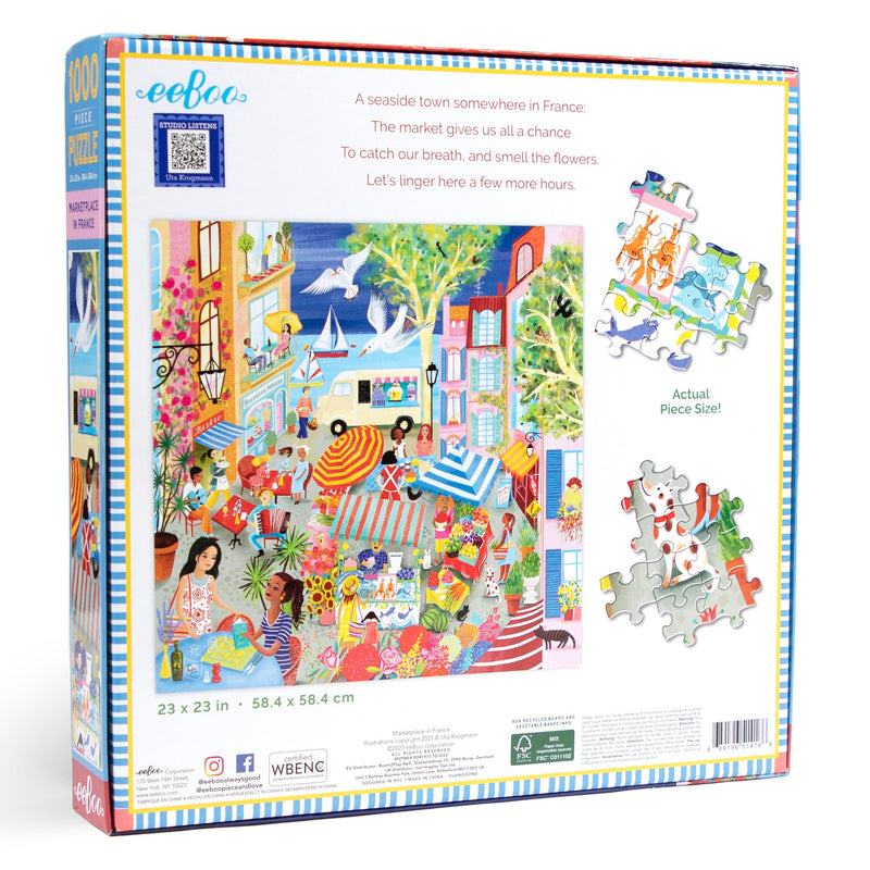 eeBoo 1000 piece jigsaw puzzle box showing French marketplace scene with puzzle pieces