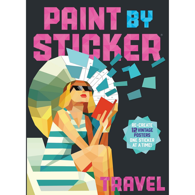 Book cover of 'Paint by Sticker Travel' with a woman reading a book under a colorful umbrella.
