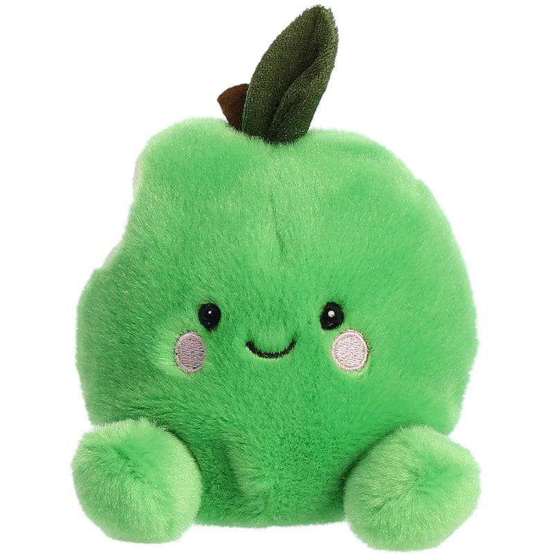 A green plush green apple toy with embroidered facial features, pink cheeks, and a dark green leaf on top, shown against a plain white background.