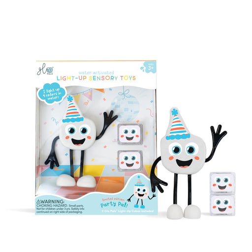 Glo Pals Party Pal water-activated light-up sensory toy with white character and ice cubes in packaging