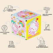 Shashibo Hello Kitty magnetic puzzle cube with feature callouts and specifications