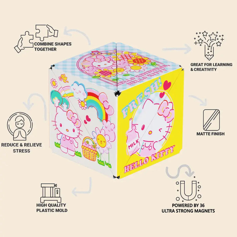 Shashibo Hello Kitty magnetic puzzle cube with feature callouts and specifications