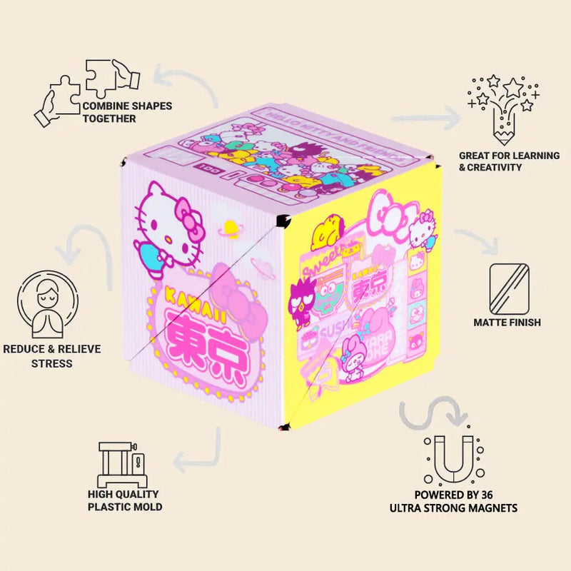 Shashibo Hello Kitty magnetic puzzle cube with feature callouts and benefits highlighted