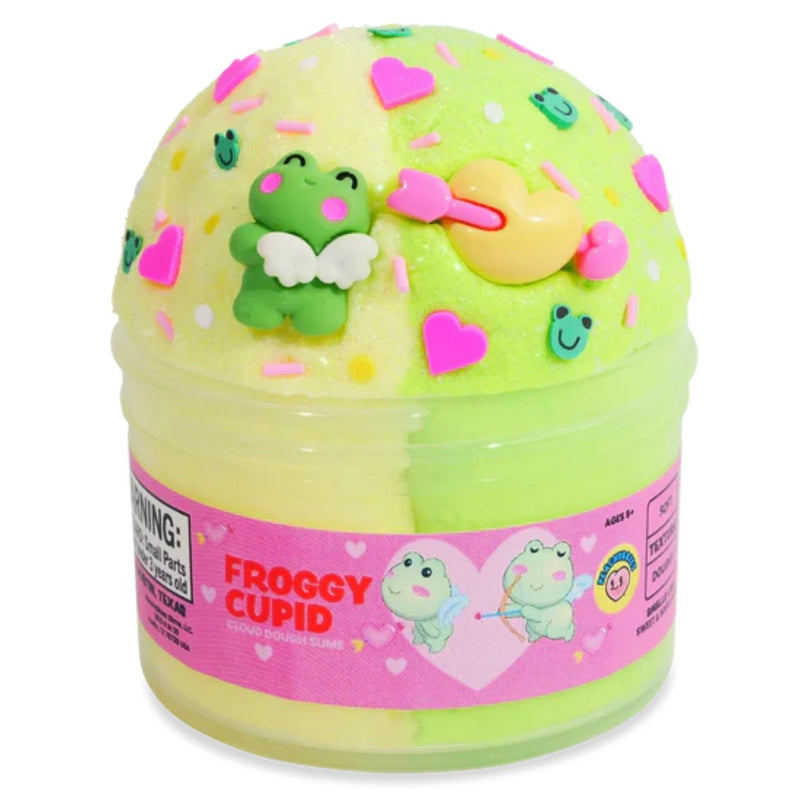 Peachybbies Froggy Cupid cloud lime green slime with froggies, hearts and smiles in jar on white background.