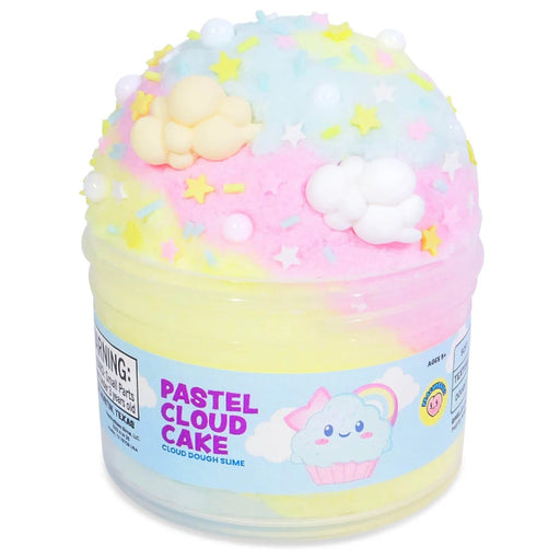 Pastel Cloud Cake cloud dough slime in clear container with pastel sprinkles and cloud charms