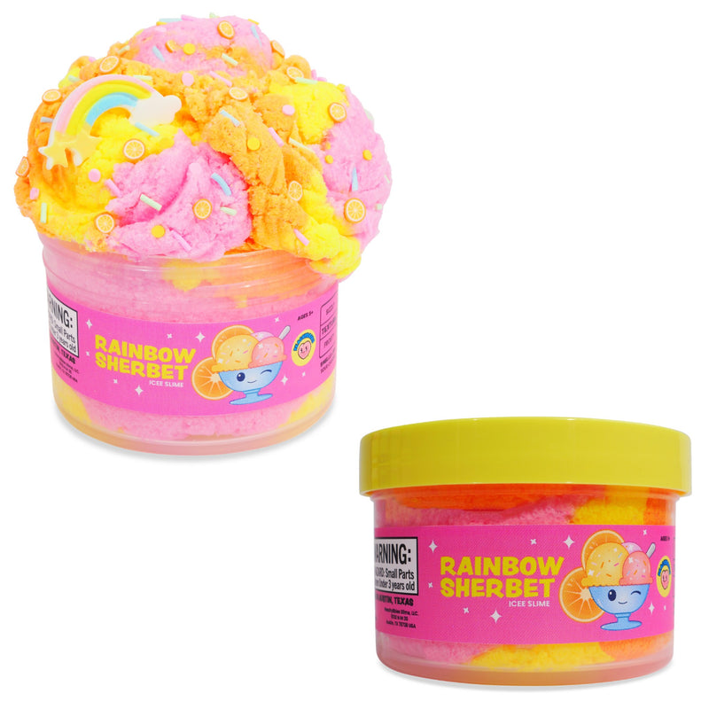 Peachybbies Rainbow Sherbet ice cream soda shown on a white background, with one jar open to display a large scoop of pink and yellow slushy topped with sprinkles and a rainbow decoration, and the other jar closed showing its yellow lid and pink label.