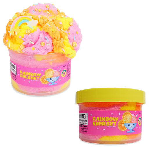 Peachybbies Rainbow Sherbet ice cream soda shown on a white background, with one jar open to display a large scoop of pink and yellow slushy topped with sprinkles and a rainbow decoration, and the other jar closed showing its yellow lid and pink label.