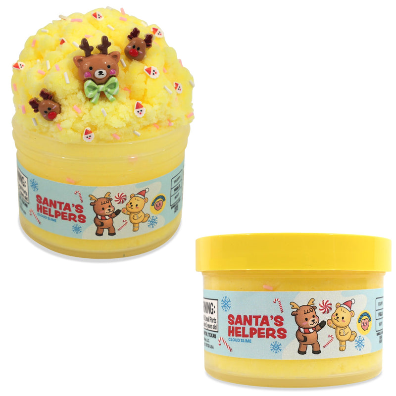 Peachybbies Santa's Helpers cloud slime on a white background, one showing the open jar with yellow slime topped with small decorative figures and sprinkles, and the other showing the closed jar with a yellow lid.