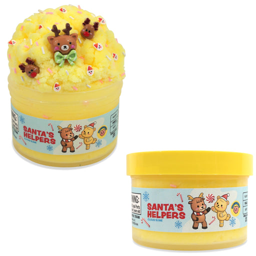 Peachybbies Santa's Helpers cloud slime on a white background, one showing the open jar with yellow slime topped with small decorative figures and sprinkles, and the other showing the closed jar with a yellow lid.