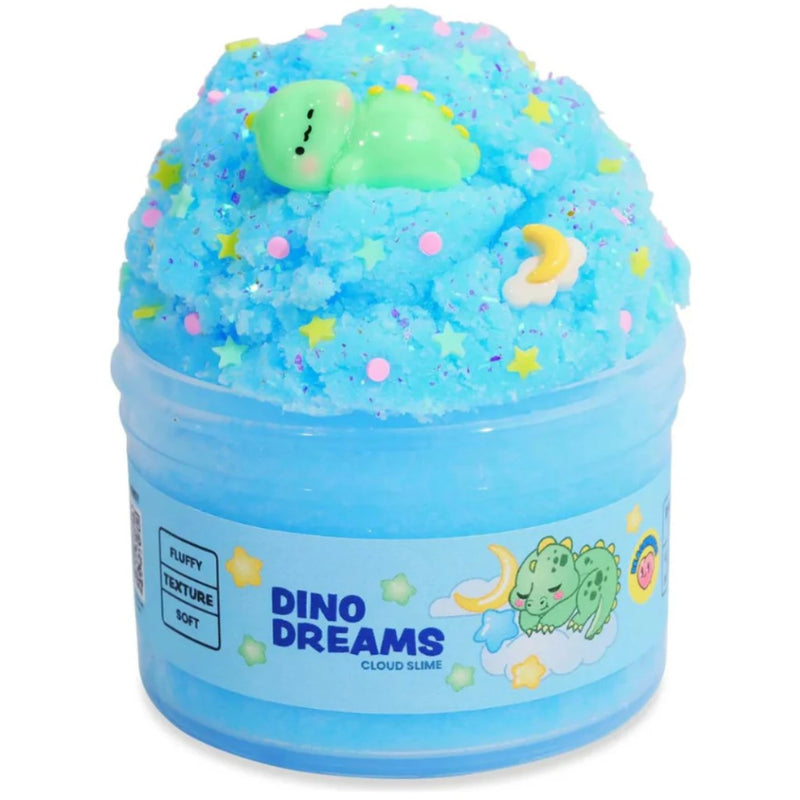 Blue cloud slime with dinosaur-themed design in a container labeled 'Dino Dreams'.