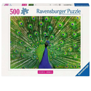 Ravensburger 500-piece puzzle packaging featuring a peacock.