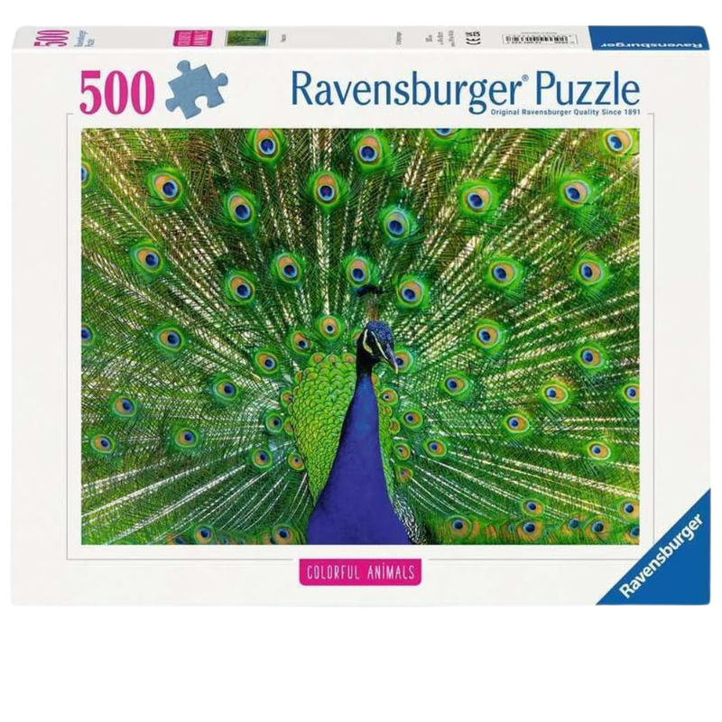 Ravensburger 500-piece puzzle packaging featuring a peacock.