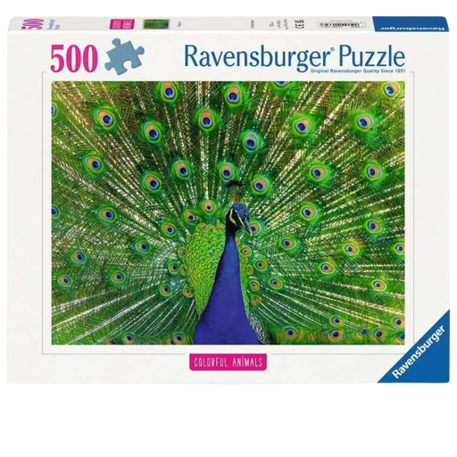 Ravensburger 500-piece puzzle packaging featuring a peacock.