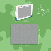 Ravensburger puzzle packaging with dimensions on a green background.