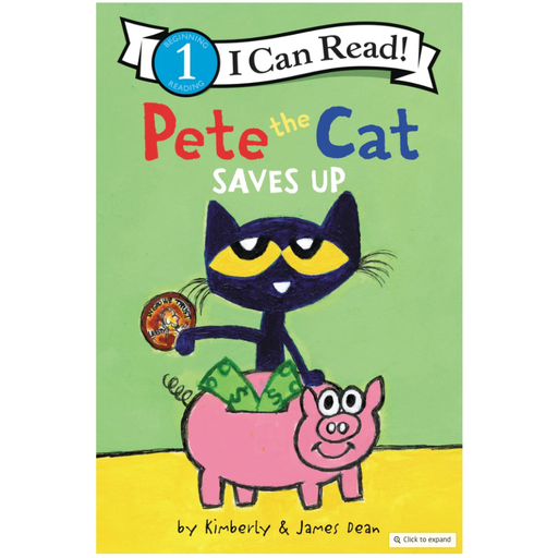Book cover of 'Pete the Cat Saves Up' featuring a cartoon cat with a piggy bank on a green background.