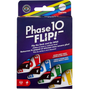 Phase 10 Flip! game packaging with colorful deck of cards on a white background.