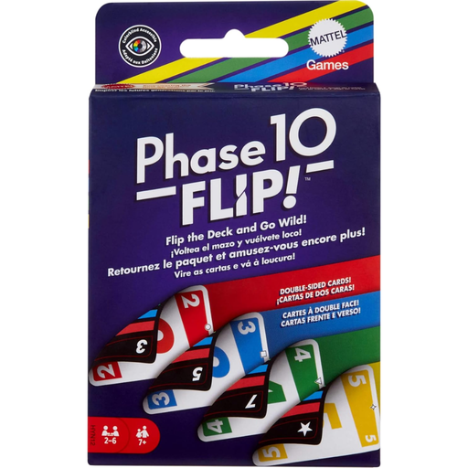 Phase 10 Flip! game packaging with colorful deck of cards on a white background.