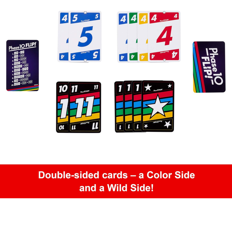 Set of double-sided cards with colorful sides and a wild side, featuring the Phase 10 Flipr brand.