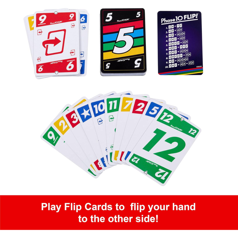 Set of Phase 10 reversible playing cards with colorful numbers and symbols on a white background.