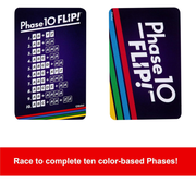 Two 'Phase 10 Flip!' cards with colorful border on a white background.