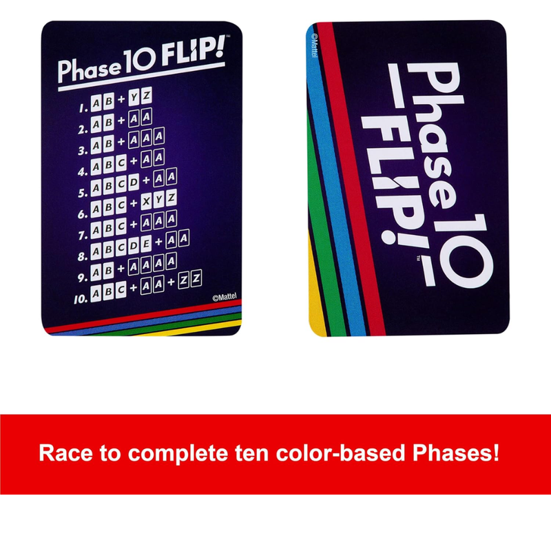 Two 'Phase 10 Flip!' cards with colorful border on a white background.