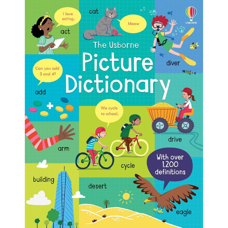 The Usborne Picture Dictionary book cover showing colorful illustrations and over 1200 definitions.