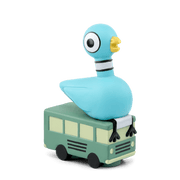 Blue pigeon character Tonie sitting on green toy bus with black wheels